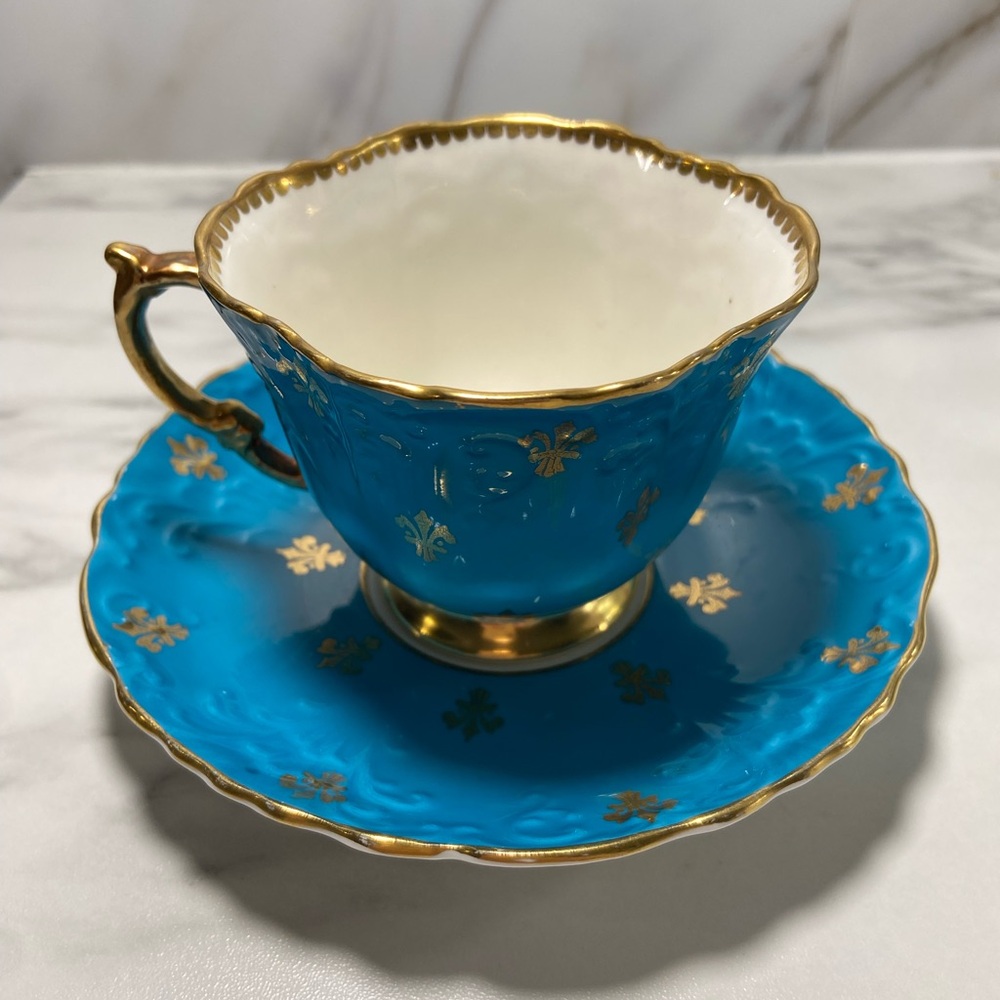 Aynsley Blue Turquoise and Gold Teacup Set